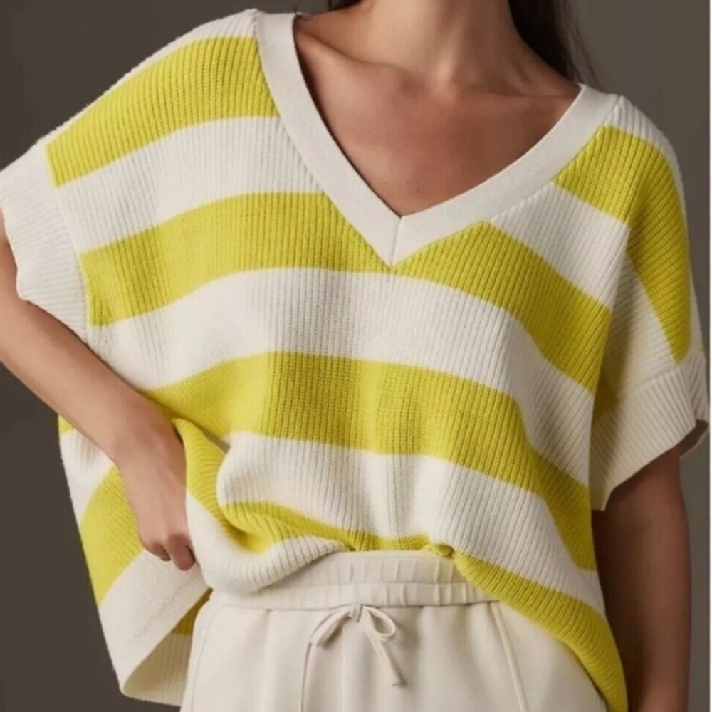 Anthropologie Maeve Oversized Striped V-Neck Sweater Vest in Chartreuse Size M - Picture 11 of 13